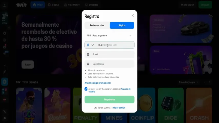 Pantalla de un casino online mostrando un bono de bienvenida sin depósito